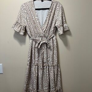 SHEIN Tan and White Patterned Midi Dress